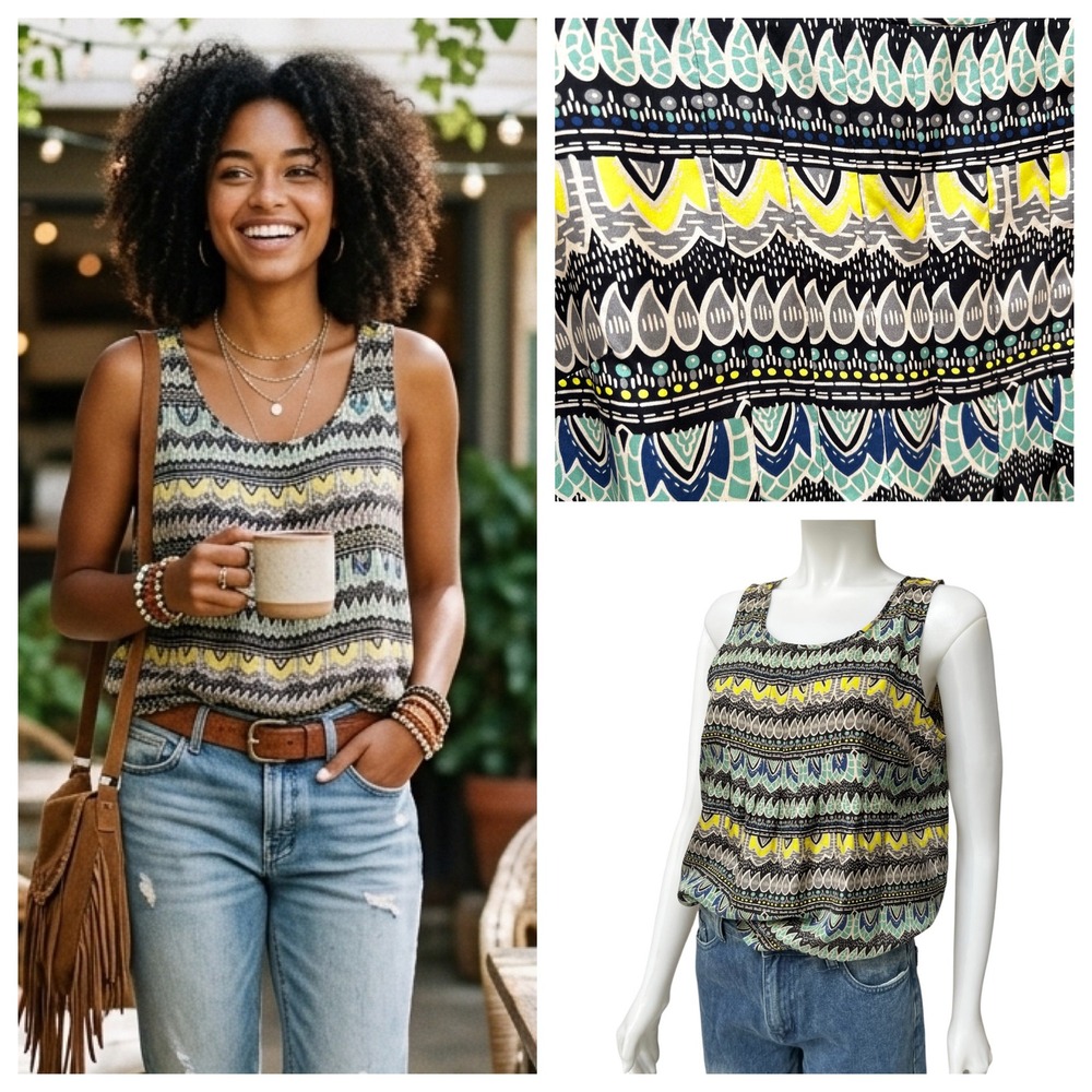 ELIOT J. Crew Silk‎ Tank Top Tribal Print Sleeveless Blouse Indie Chic Sz Medium